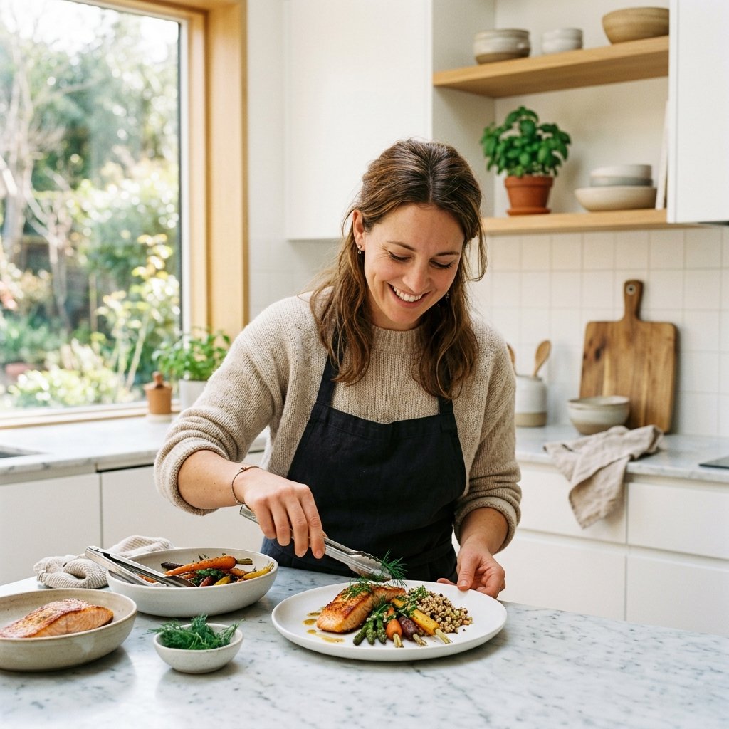 Person joyfully cooking a fresh meal in a bright modern kitchen