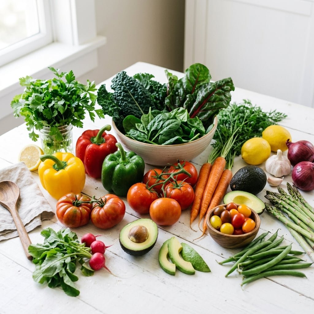 Fresh colorful vegetables and groceries arranged neatly