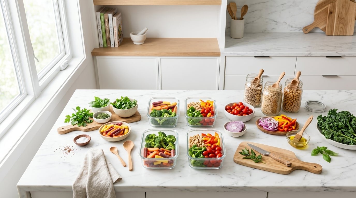 Bright modern kitchen with fresh ingredients laid out for meal prep