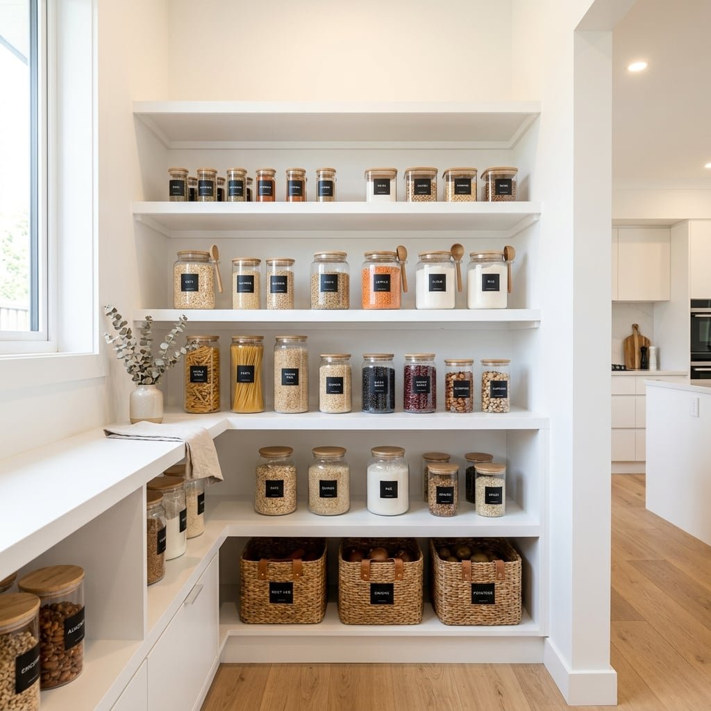 Beautifully organized pantry with labeled jars and containers
